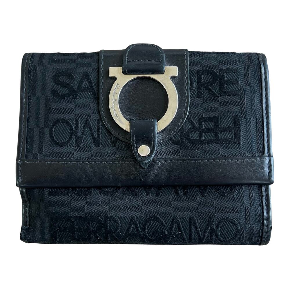Salvatore Ferragamo Gancini Logo Canvas Bifold Wallet Leather Trim Italy Black